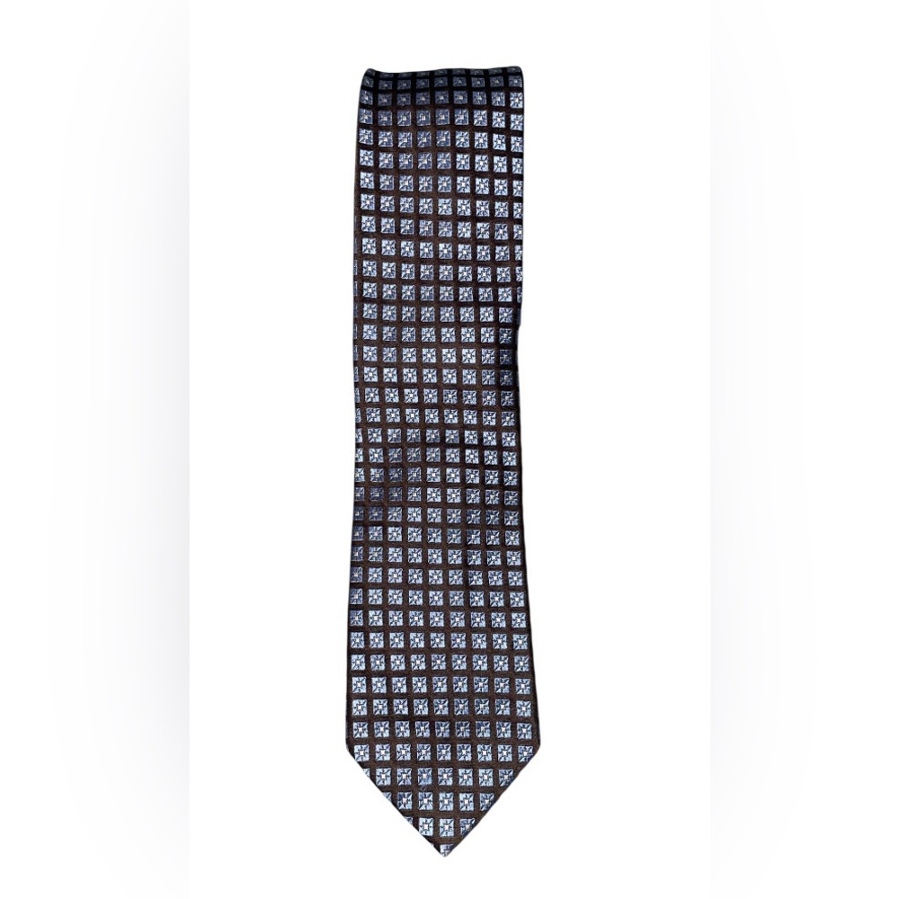 PETER MILLAR 100% Silk Hand Rolled Light Blue Brown Tie with Geometric Squares